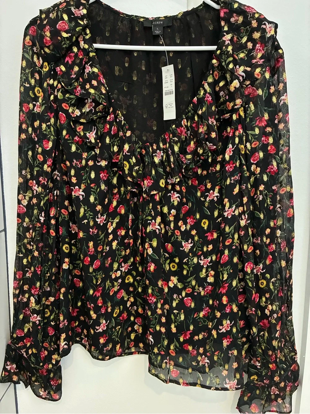 J. Crew Black Sheer Floral Ruffle Blouse with Pink and Yellow Blooms